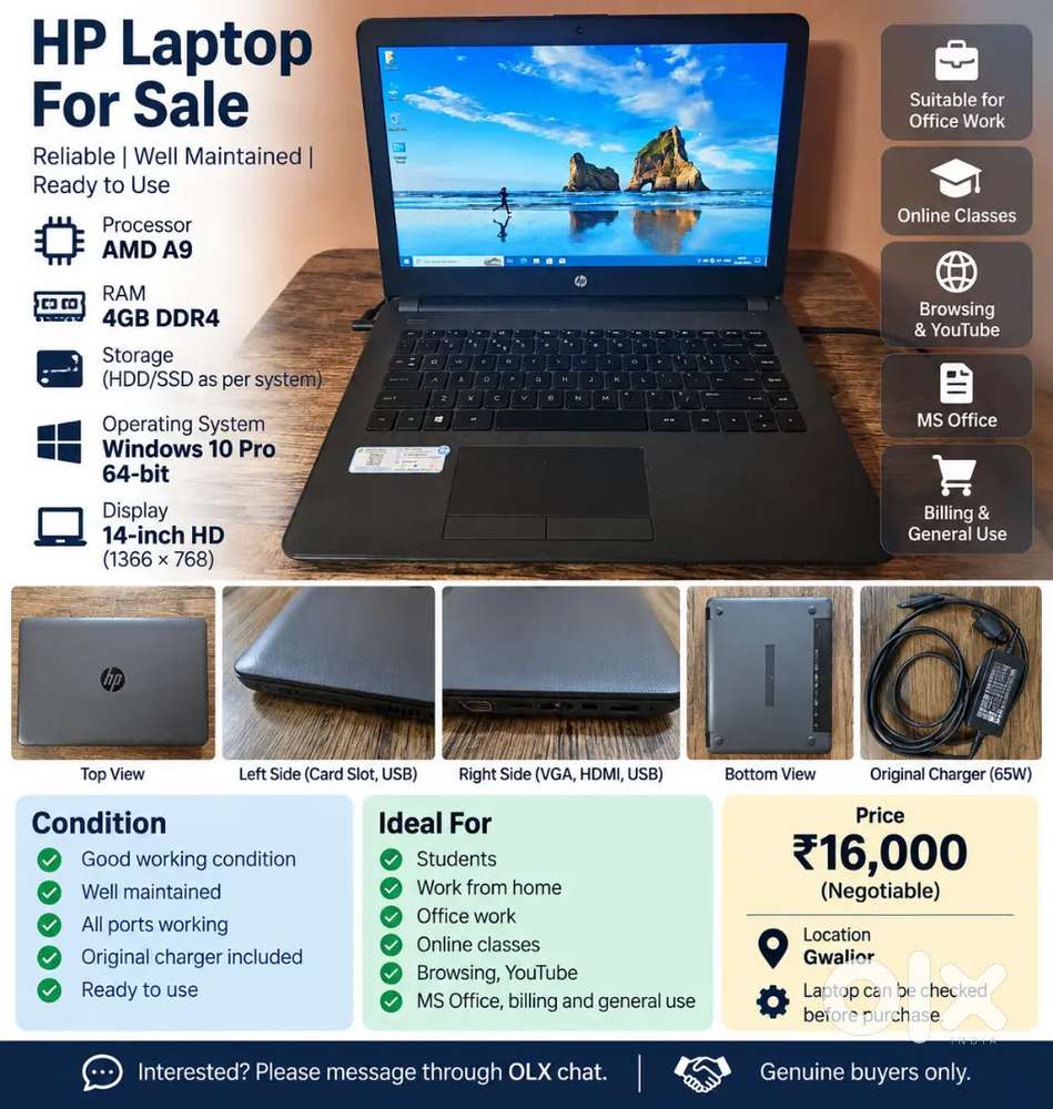 HP Laptop AMD A9 | 4GB DDR4 RAM | 1TB Storage | Windows 10 Pro