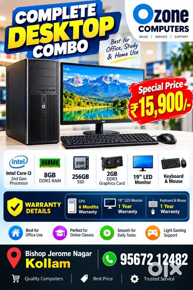 Intel core i3 2nd gen cpu/8gb ram/256gb ssd/19led monitor/2gb graphic