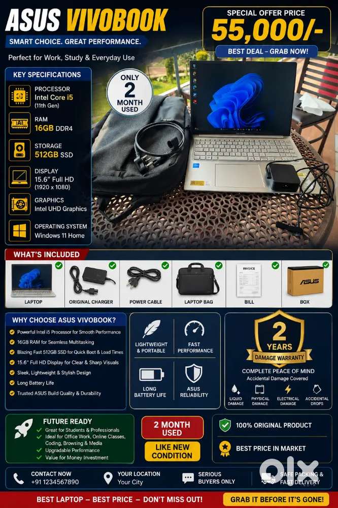 ASUS VivoBook i5  16GB RAM  512GB SSD
 सिर्फ 2 महीने इस्तेमाल किया