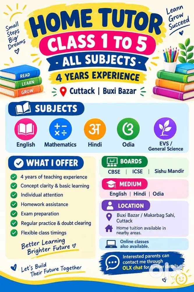 Home Tutor Class 1-5 | All Subjects | 4 Years Experience | Cuttack