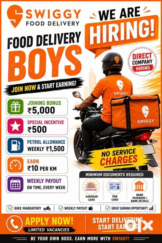 Hiring for Swiggy delivery boys at Mahadevpura