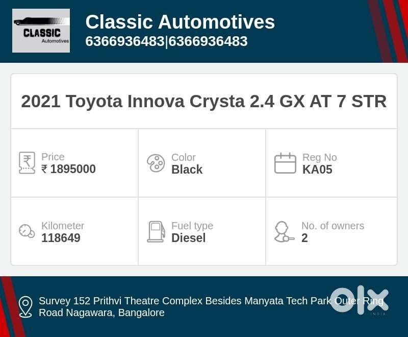 Toyota Innova Crysta [2020-ongoing] 2.4 Gx At 7 Str, 2021, Diesel