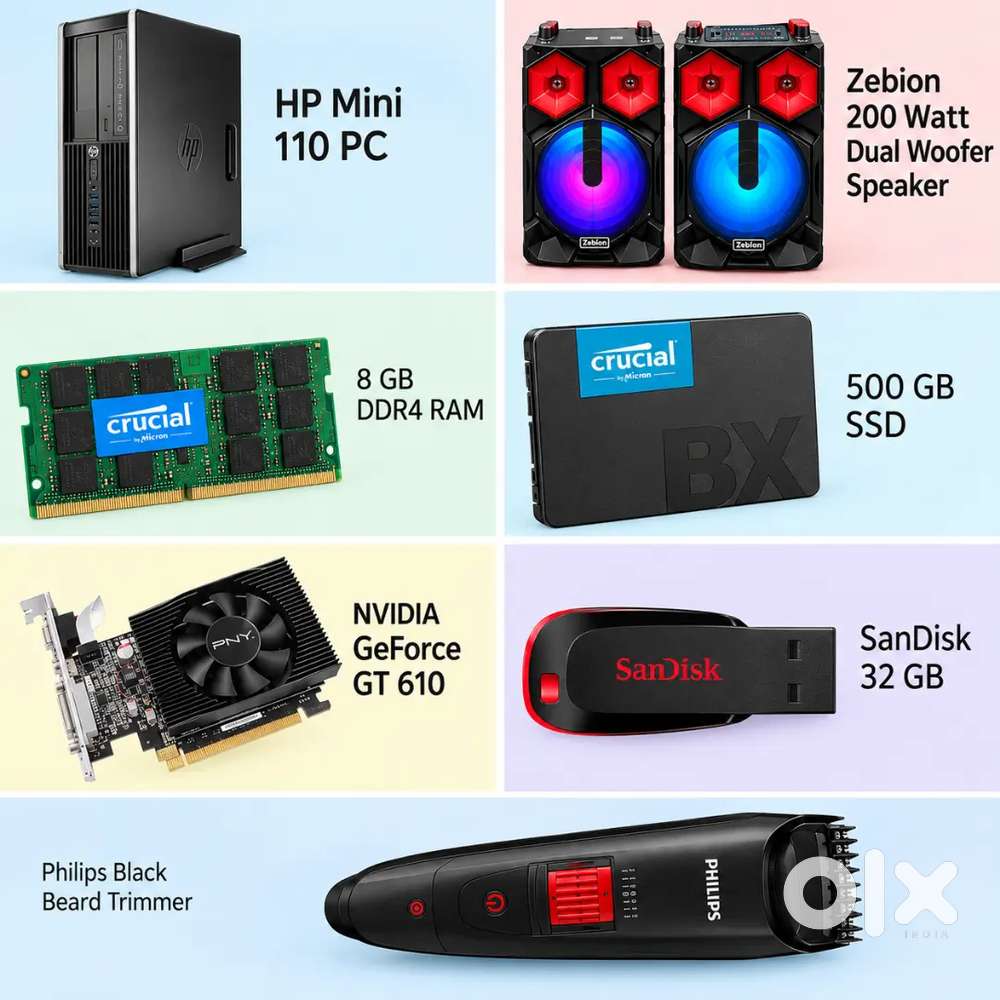 Computer, DDR4 RAM, graphics card,SSD, DJ Sound, pen drive and trimmer