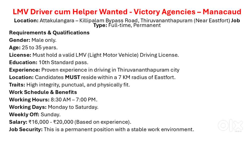 LMV Driver cum Helper Wanted - Driver in Attakulangara ...