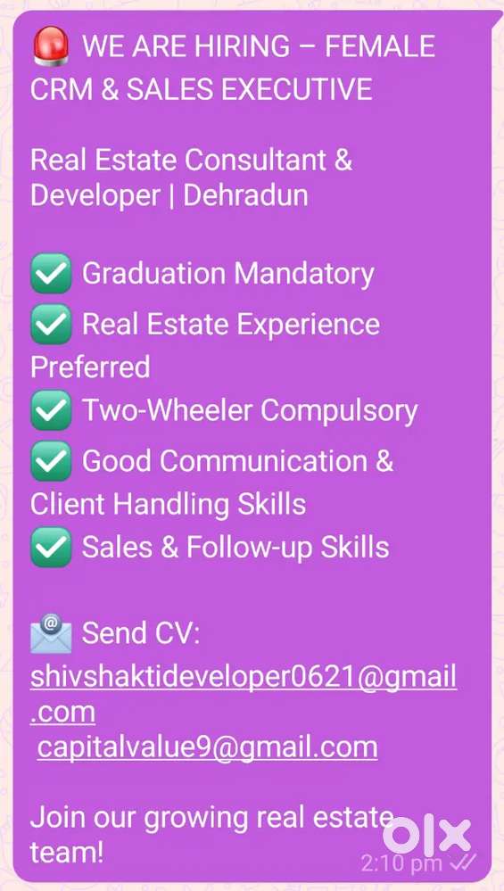 WE ARE HIRING – FEMALE CRM & SALES EXECUTIVE