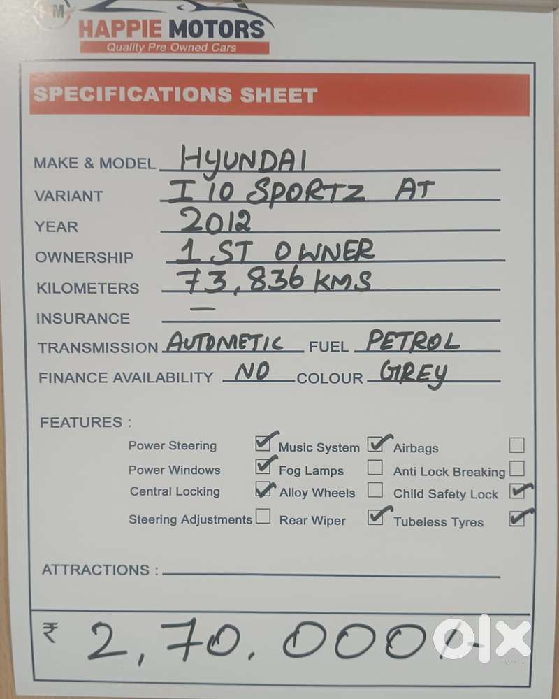 Hyundai I10 [ ] 1.2 Sportz At, 2012, Petrol