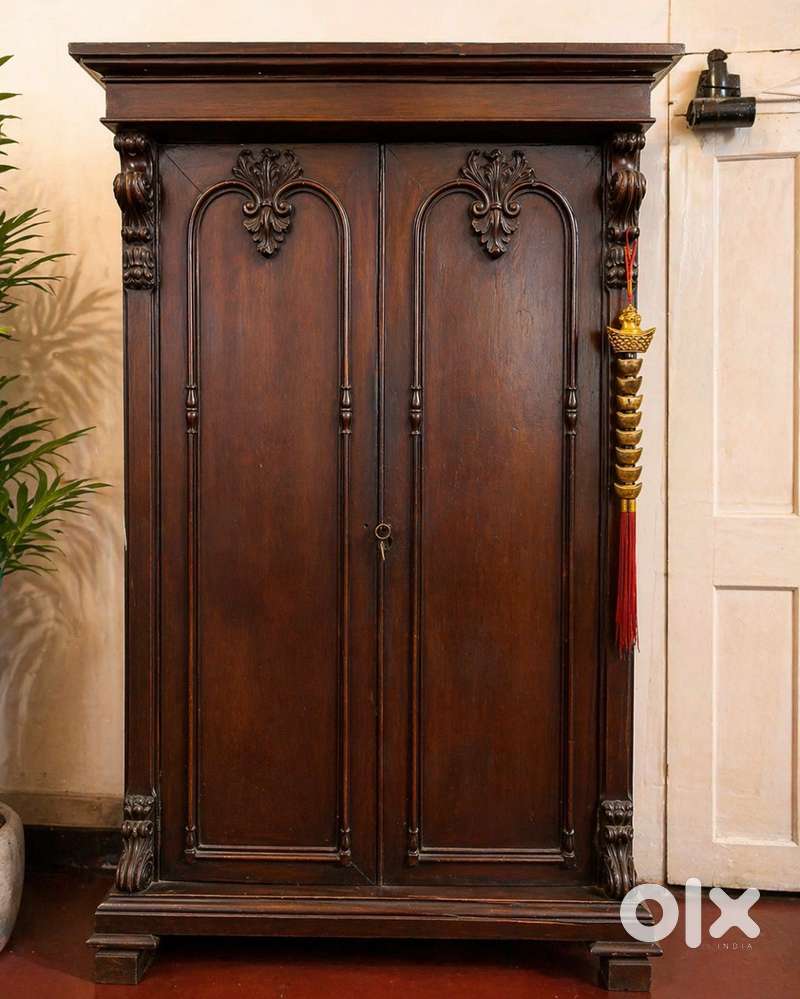 Antique Solid Teak Wood Almirah – Vintage Carved Piece - Beds