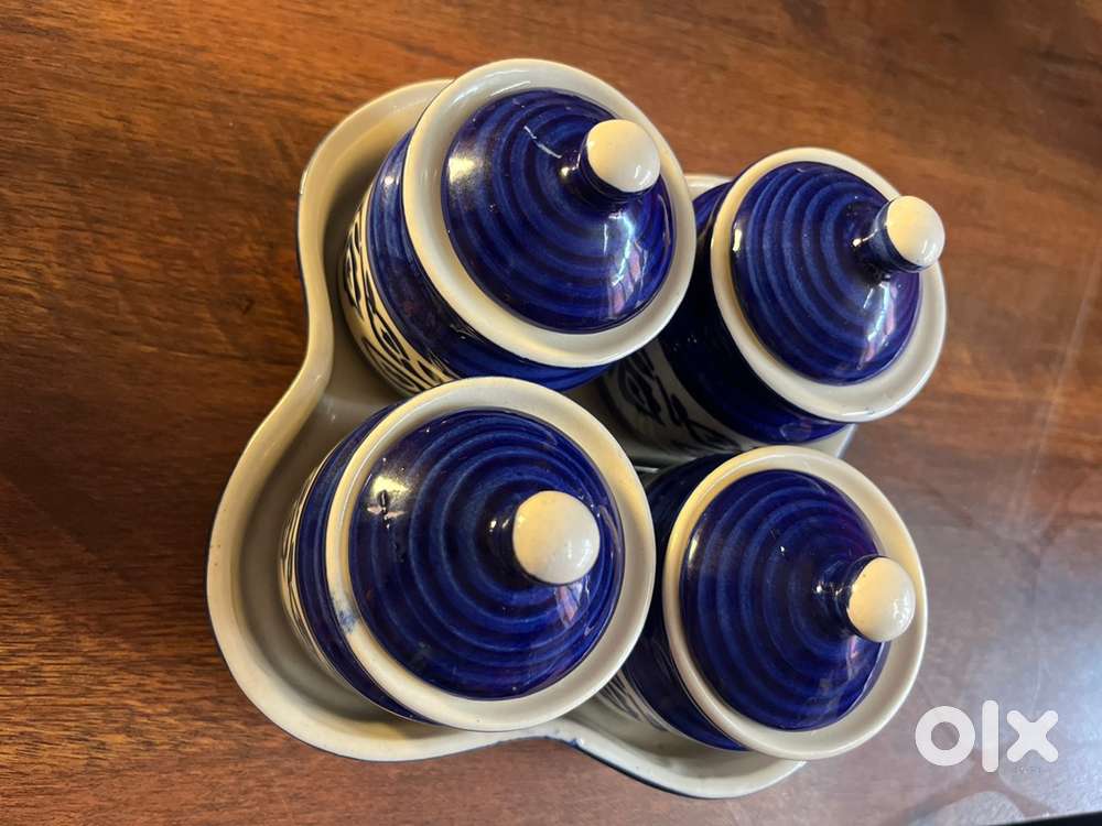Elegant Blue & White Ceramic Jar Set with Tray