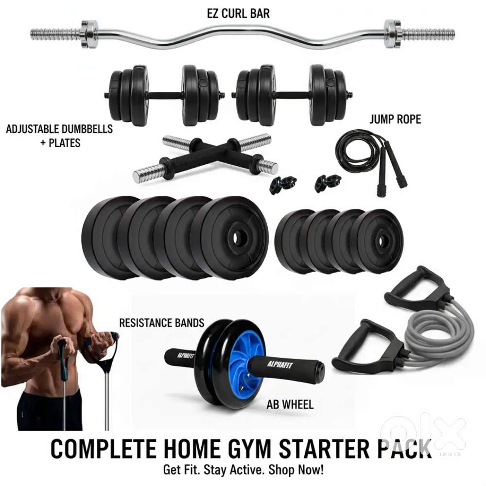 COMPLETE Home Gym Starter EZ Curl Bar Adjustable Dumbbells AB