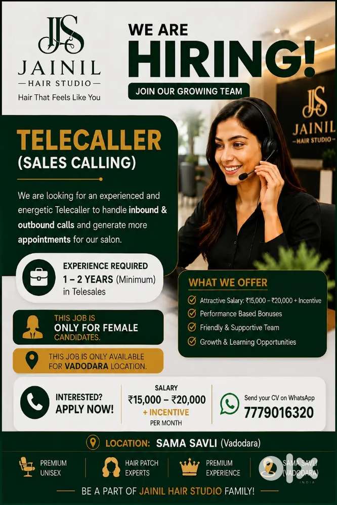 Female Telecaller Required &ndash; Vadodara  Salary ₹15,000&ndash;₹20,000 + Incen