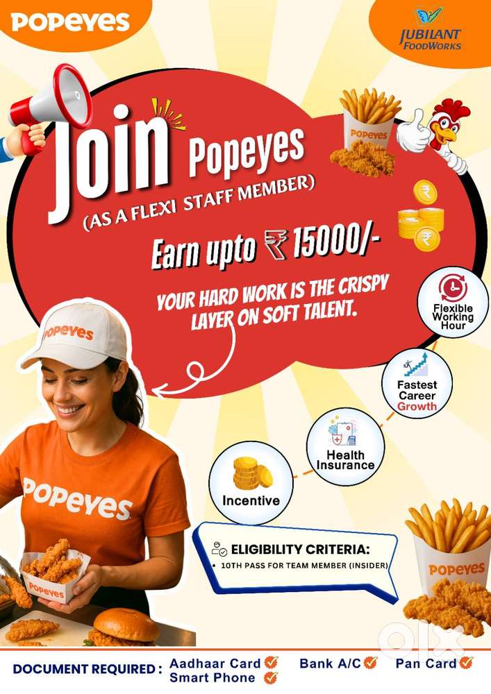 We are looking for team as Flexi(Restaurant Staff) at Popeyes