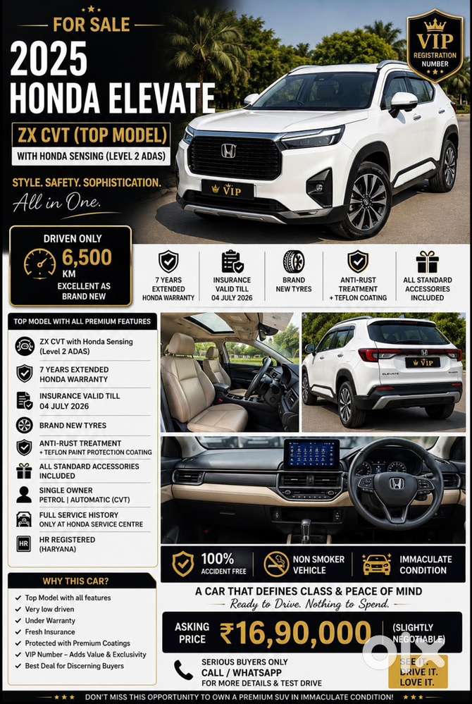 For Sale - 2025  Honda Elevate  Zx Cvt  Top Model  6500 Km