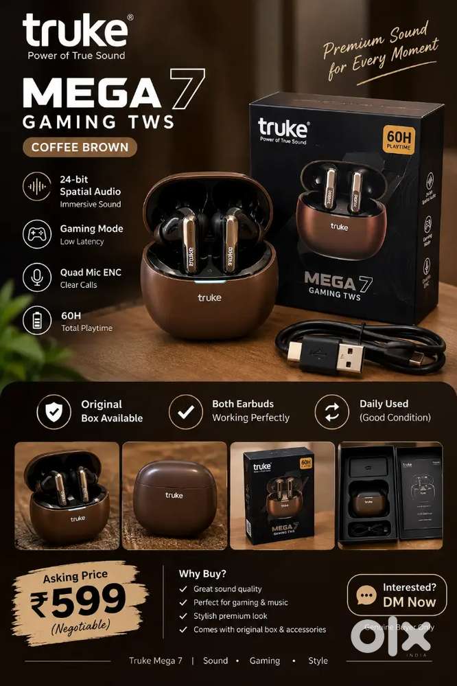 Truke Mega 7 Gaming TWS Earbuds | Coffee Brown | Box Available