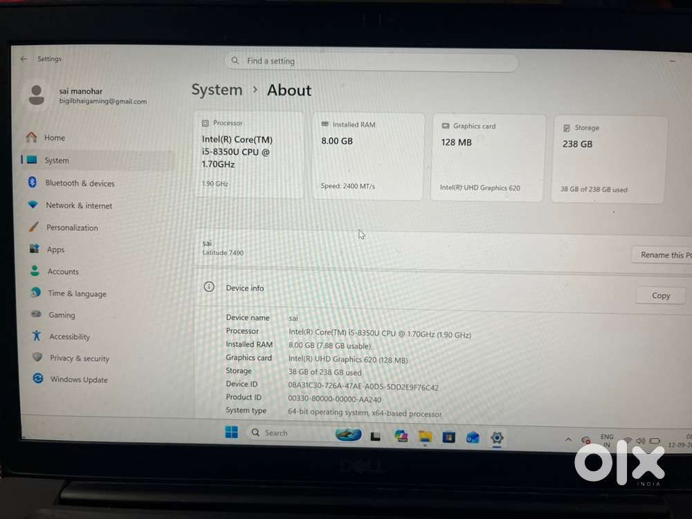 Dell laptop full condition i5 8gen 8gb ram 256 gb m.2 ssd