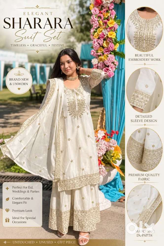 Brand New White & Gold Embroidered Sharara Suit Set For Women - Women in  undefined, - 1843123149