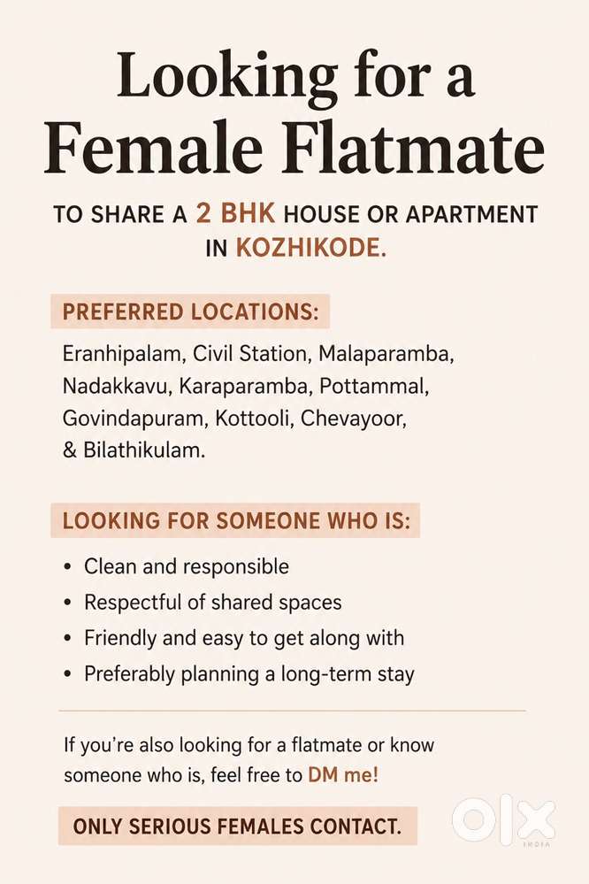Looking for a Female Flatmate to Share a 2 BHK Rental