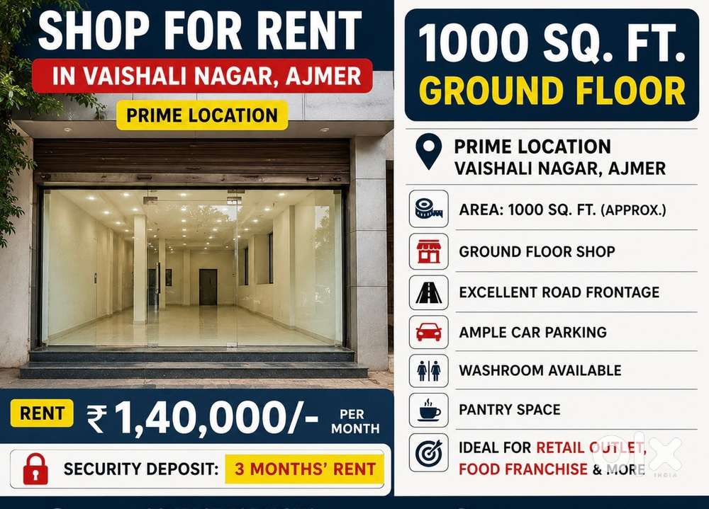 1000 Sq. Ft. Ground Floor Commercial Space for Rent in Vaishali Nagar,