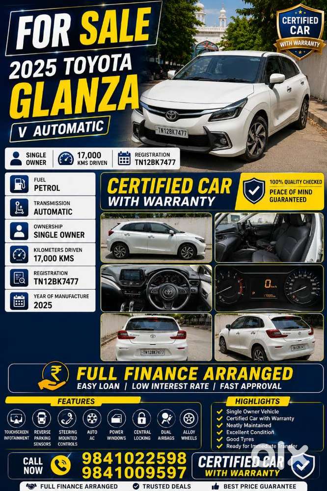 Toyota Glanza 1.2 V Amt, 2025, Petrol