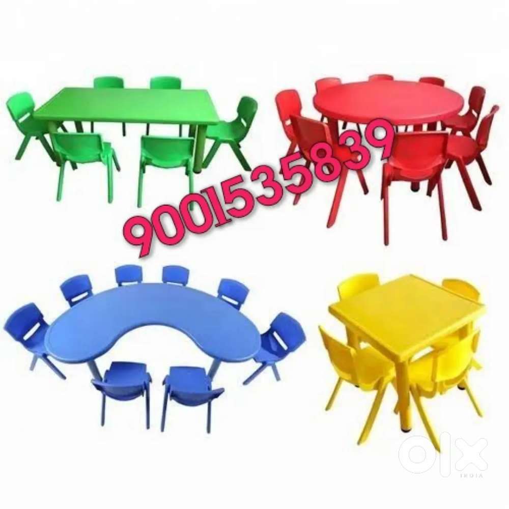 New plastic kids play school furniture half moon table with six chair