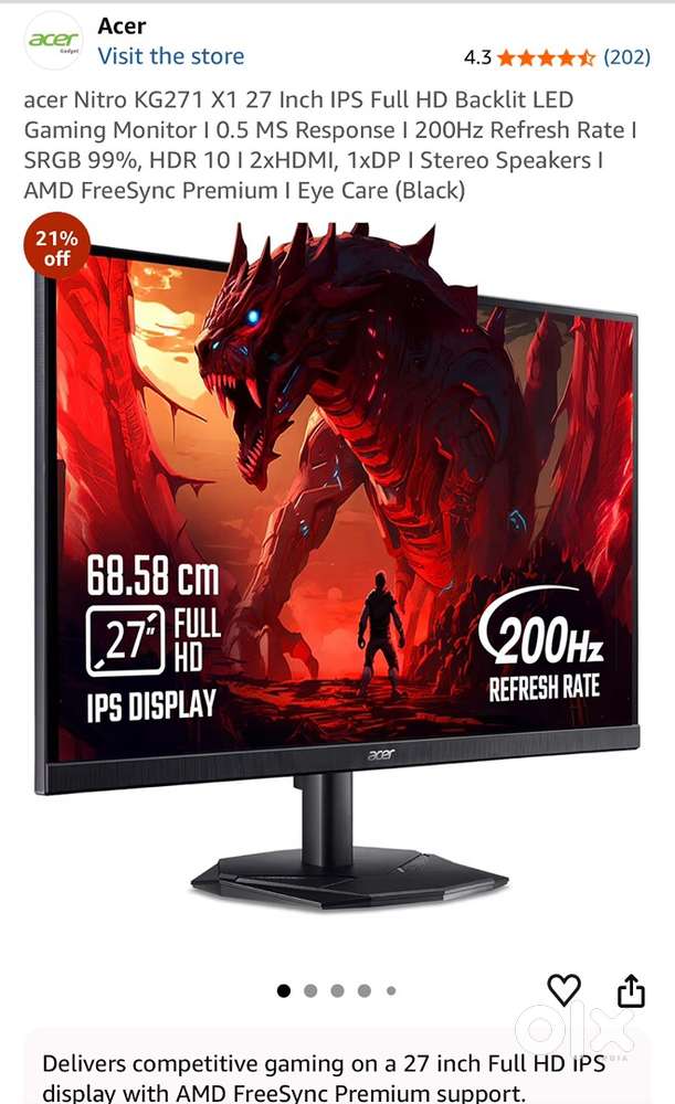 Acer Monitor - 27 inch FHD 6-7 months used (in warranty)