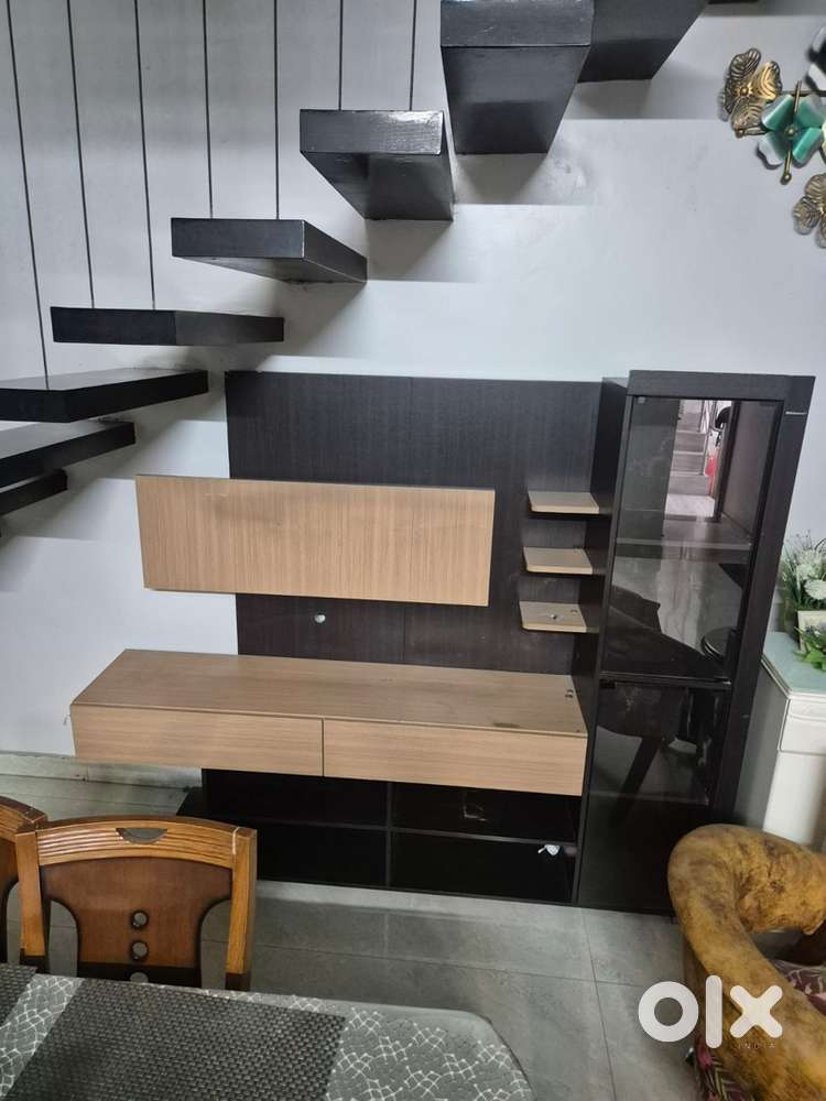 Modern Black & Wooden TV Panel with Storage Cabinet