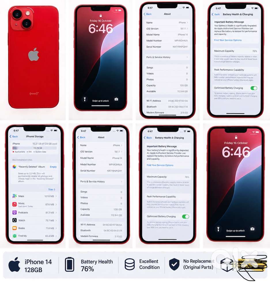 I phone 14 128 gb/76 bh/og display no replacement