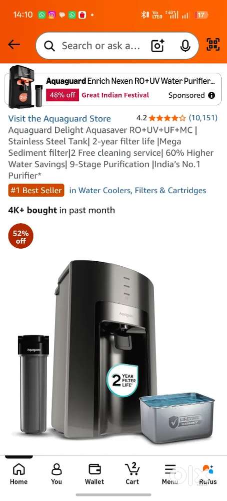 Brand New Aquaguard Delight RO+UV Water Purifier