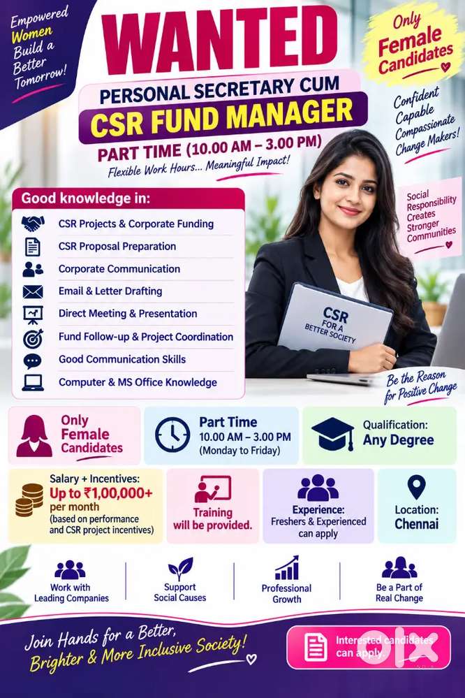 WANTED PERSONAL SECRETARY CUM CSR FUND MANAGER
Good knowledge in