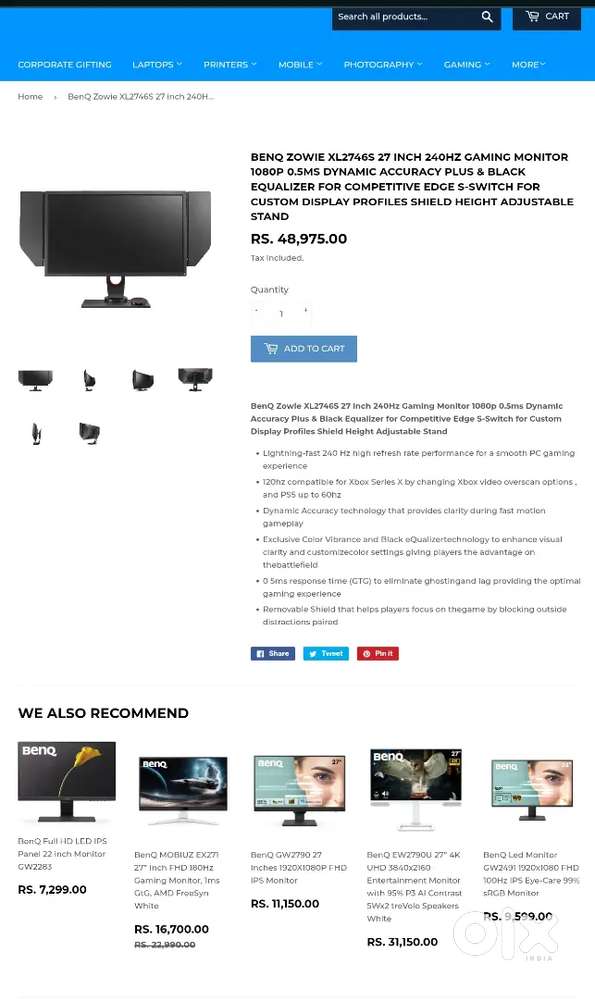 Benq Gaming monitor 240hz 27inch display 0.5ms fast response DyAc+