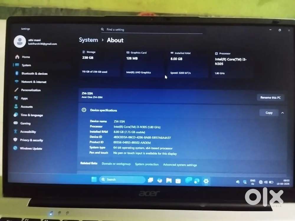 Storage:238 : Graphics card 128 Ram:8gp proces:Intel(R)core (TM)i3N305
