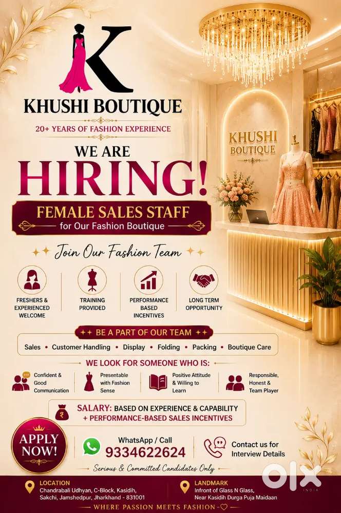  FEMALE SALES STAFF REQUIRED – KHUSHI BOUTIQUE