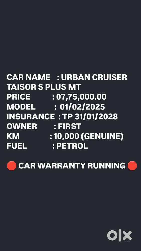 Toyota Urban Cruiser Taisor S Plus 1.2 Petrol Mt, 2025, Petrol