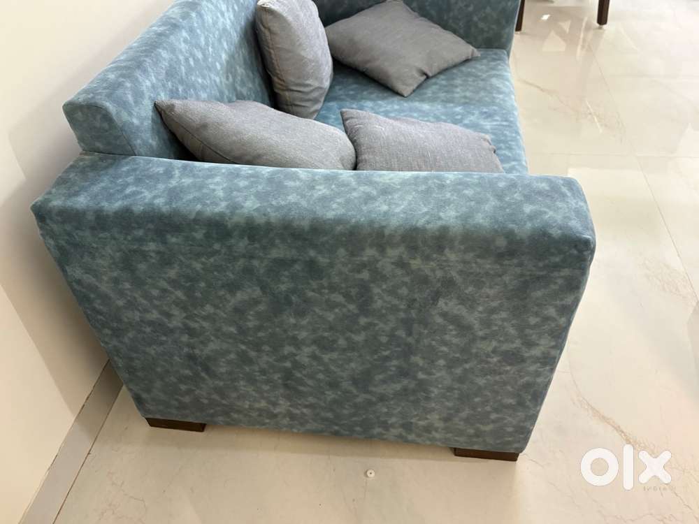 Teal Blue Fabric Sofa with Grey Cushions