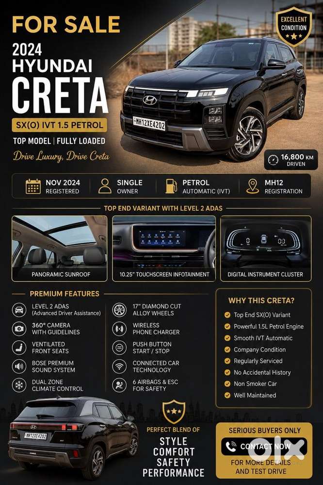 Hyundai Creta Sx(o) Ivt 1.5 Petrol 2024  Like New  Single Owner
