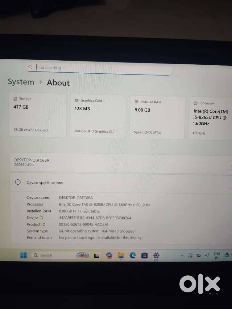 I5 8th generation, 8 GB Ram, 512 GB samsung SSD