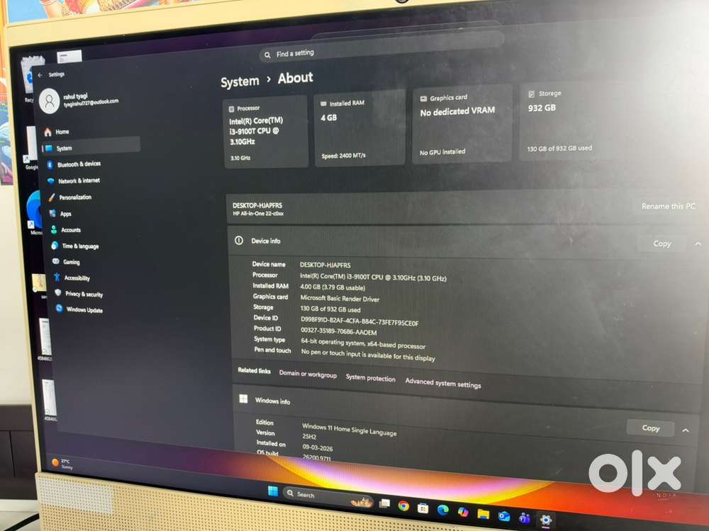 HP ALL IN ONE I3, 9th gen, 4 GB RAM, 1 TB har disk