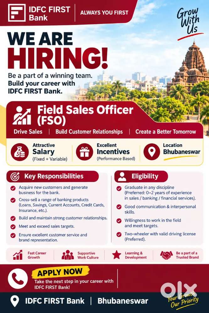 Hiring Now: Sales & Marketing &ndash; IDFC FIRST Bank, Bhubaneswar