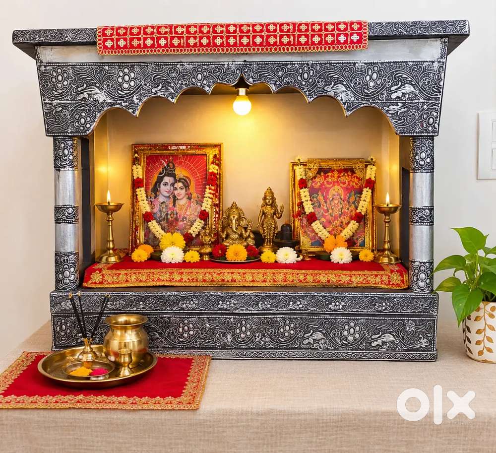 Beautiful Traditional Wooden Pooja Mandir with Antique Metal Finish