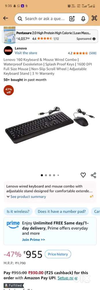 Brand New Lenovo 160 Wired Keyboard & Mouse Combo | Full Size | 3 Yr W