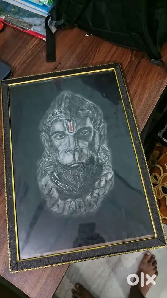 ️ Handmade Hanuman Ji Charcoal Sketch with Frame