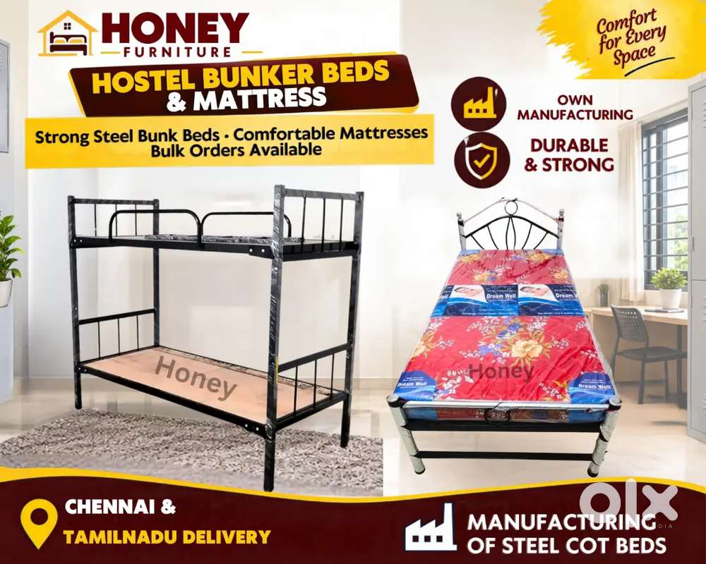 STEEL COT BED MATTRESS, HOSTEL BUNKER CHENNAI ALL AREA DELIVERED