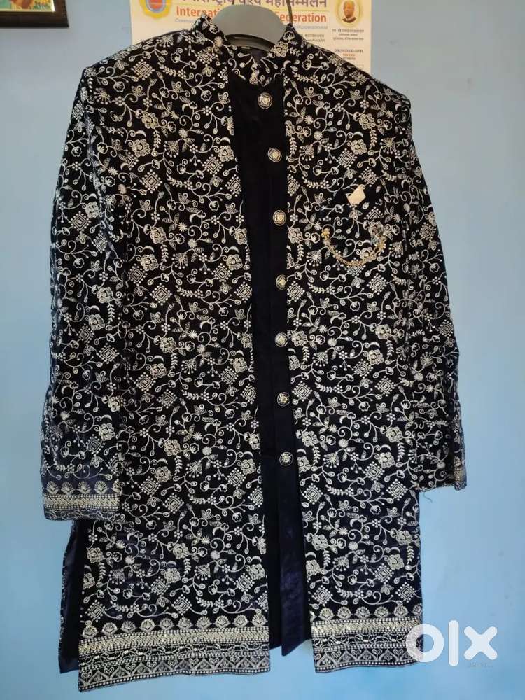 Designer Navy Blue Velvet Sherwani / Indo-Western Set
