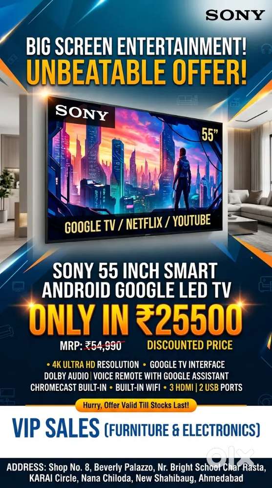 SONY 55 INCH GOOGLE SMART ANDROID LED TV 4K UHD QUALITY 1 YEAR WARRATY