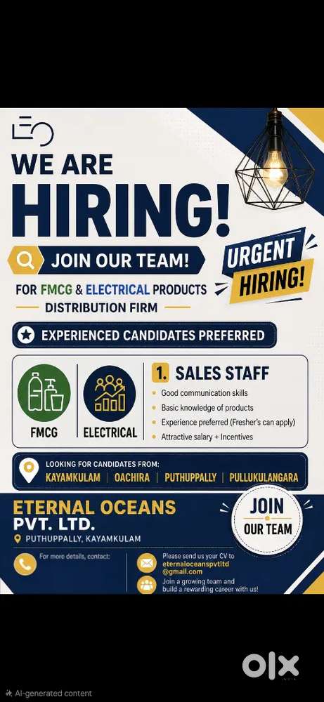 URGENT HIRING FOR SALES STAFF IN LEADING DISTRIBUTION FIRM