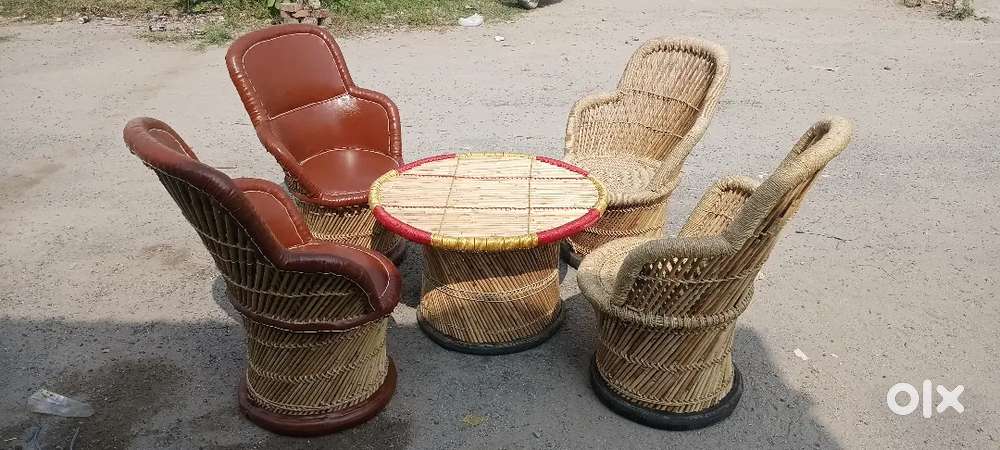 Premium Cane Furniture Set with 4 Chairs & Round Table for Home, Cafe