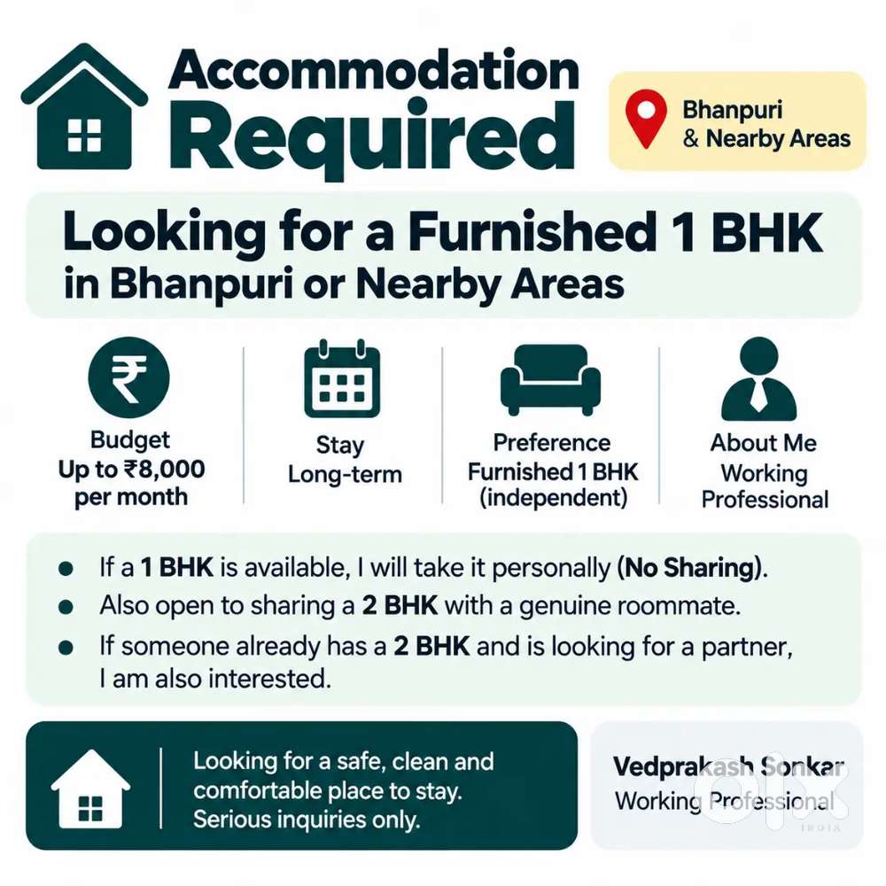 Looking for Furnished 1 BHK | Bhanpuri & Nearby | Budget ₹8Need a flat