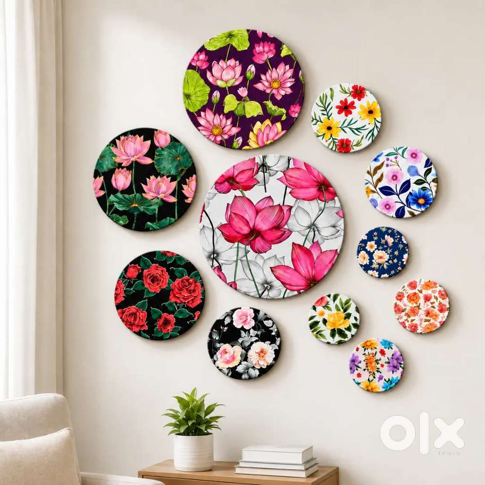 Floral Printed Round Decorative Wall Mirror / Home Decor Set