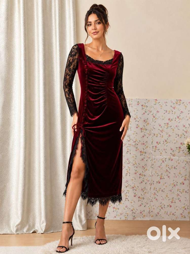 Vintage Burgundy Velvet Lace Dress - Women in undefined, - 1844165853