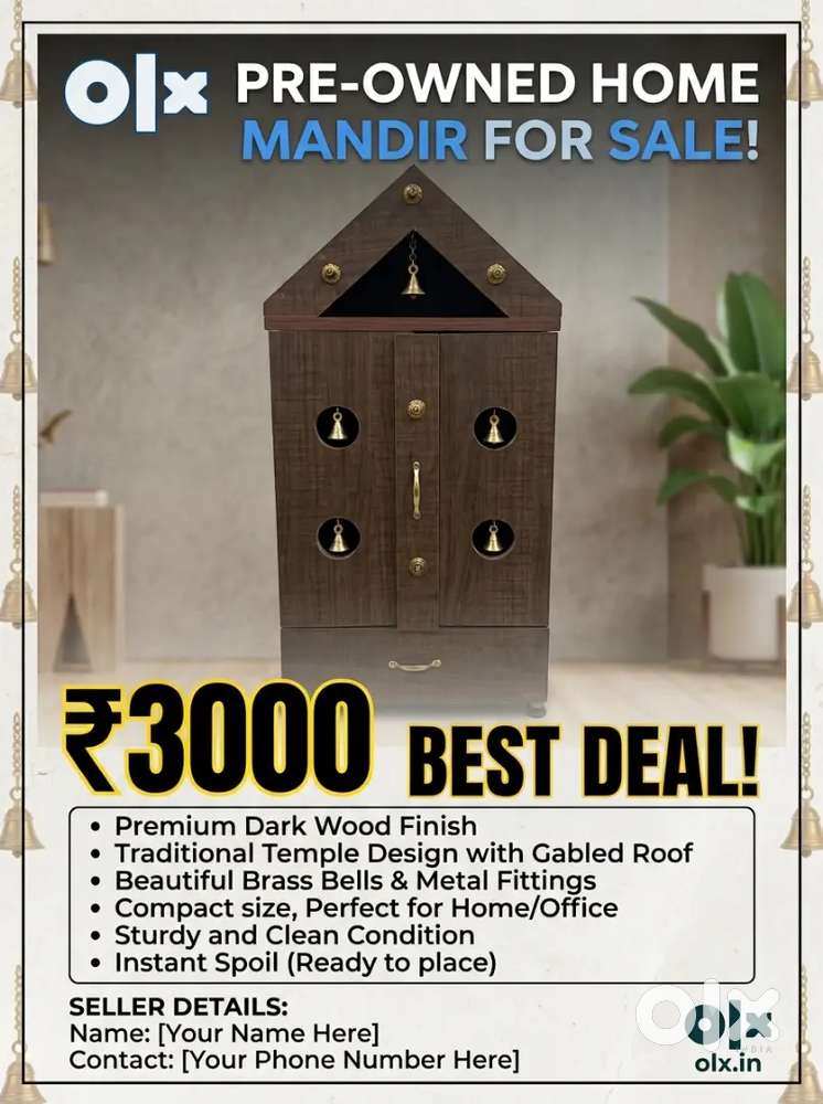 Wooden Pooja Mandir / Temple Box with Brass Bells (Excellent Condition