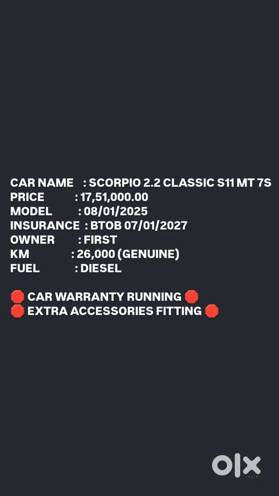 Mahindra Scorpio Classic 2.2 S 11 Mt 7 Cc, 2025, Diesel